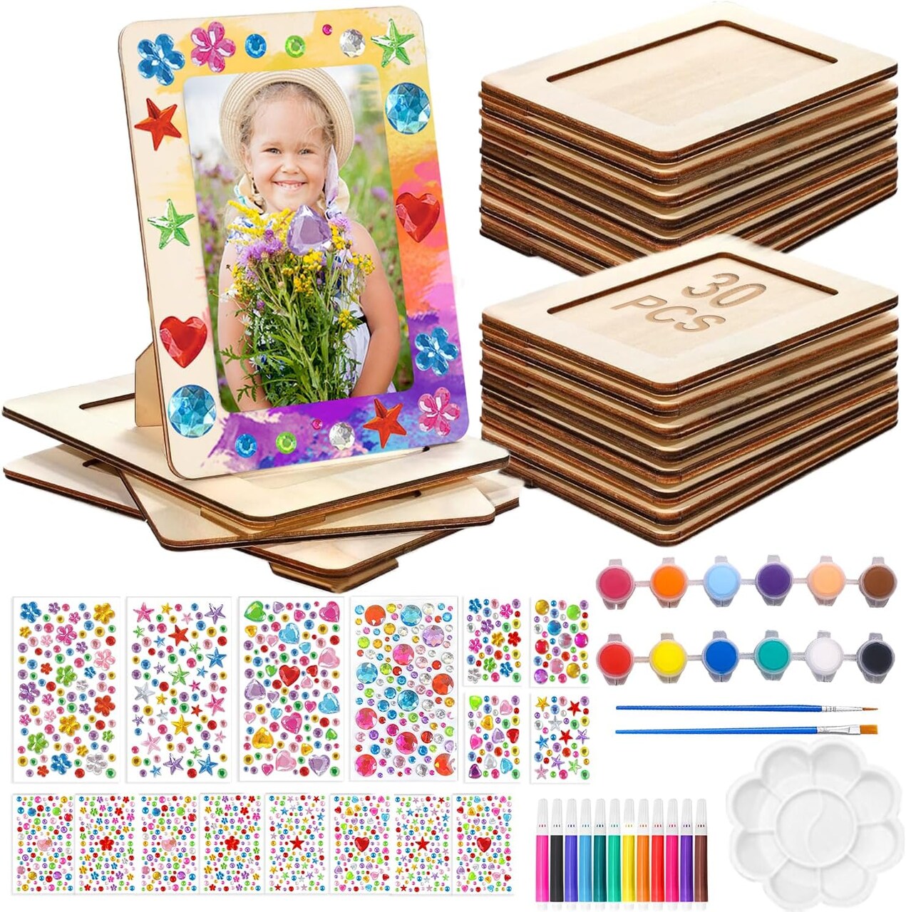 30-Pack DIY Wooden Picture Frame Craft Kit – 7.5"x5.5" Photo Frames with 12 Paint Pens, 16 Sheets Crystal Diamond Stickers for Thanksgiving, Christmas, and Holiday Crafts